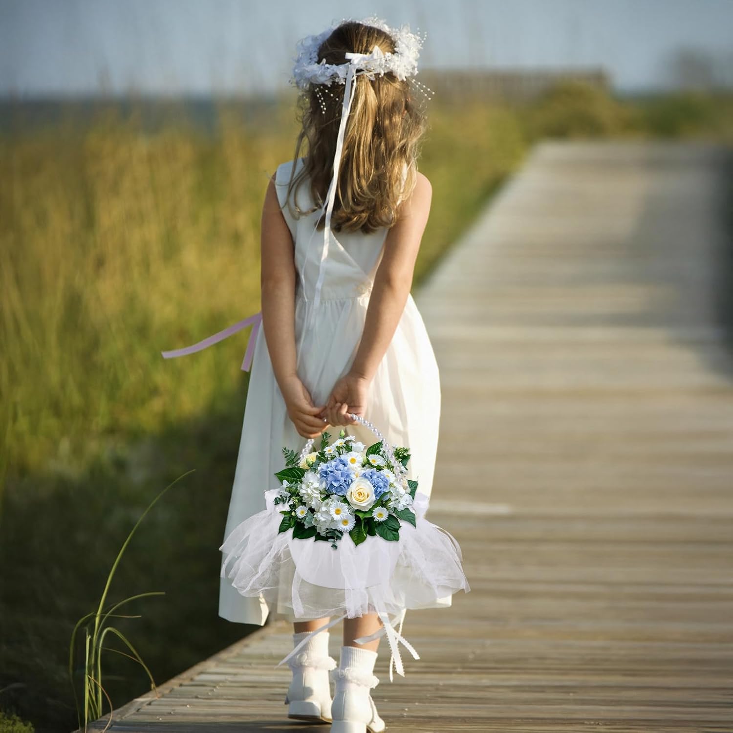 Ochine Wedding Flower Girl Basket with Pearl Handle Bowknot