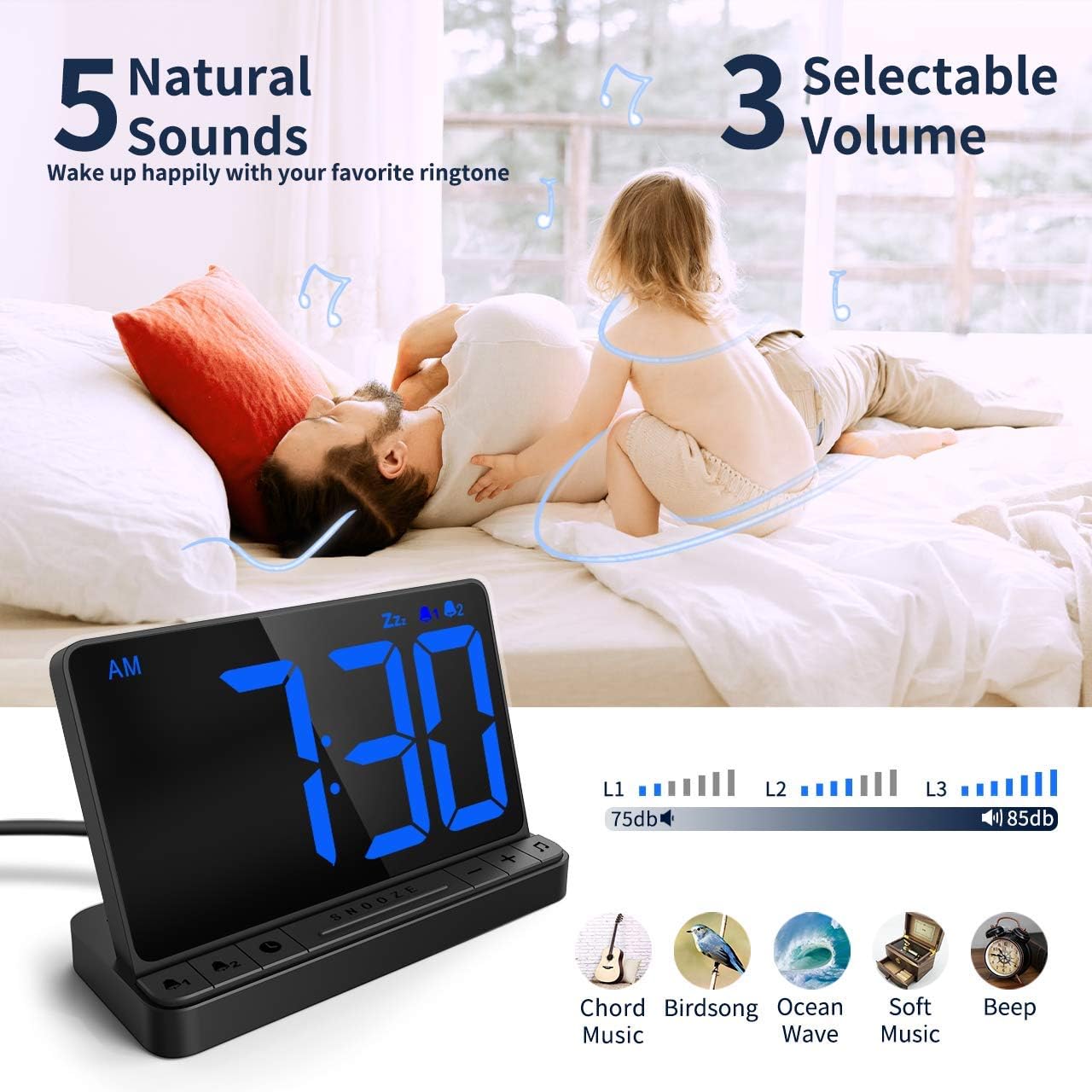NOKLEAD Digital Alarm Clock for Bedroom with Large Display and 2 Alarms
