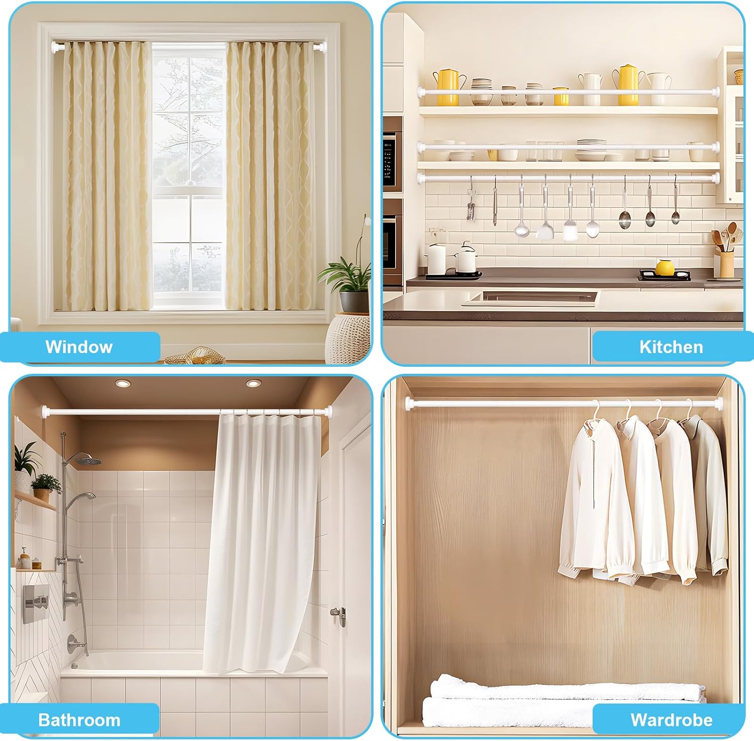Adjustable Spring Tension Rod 30 To 64 Inch White Curtain Rod No Drilling