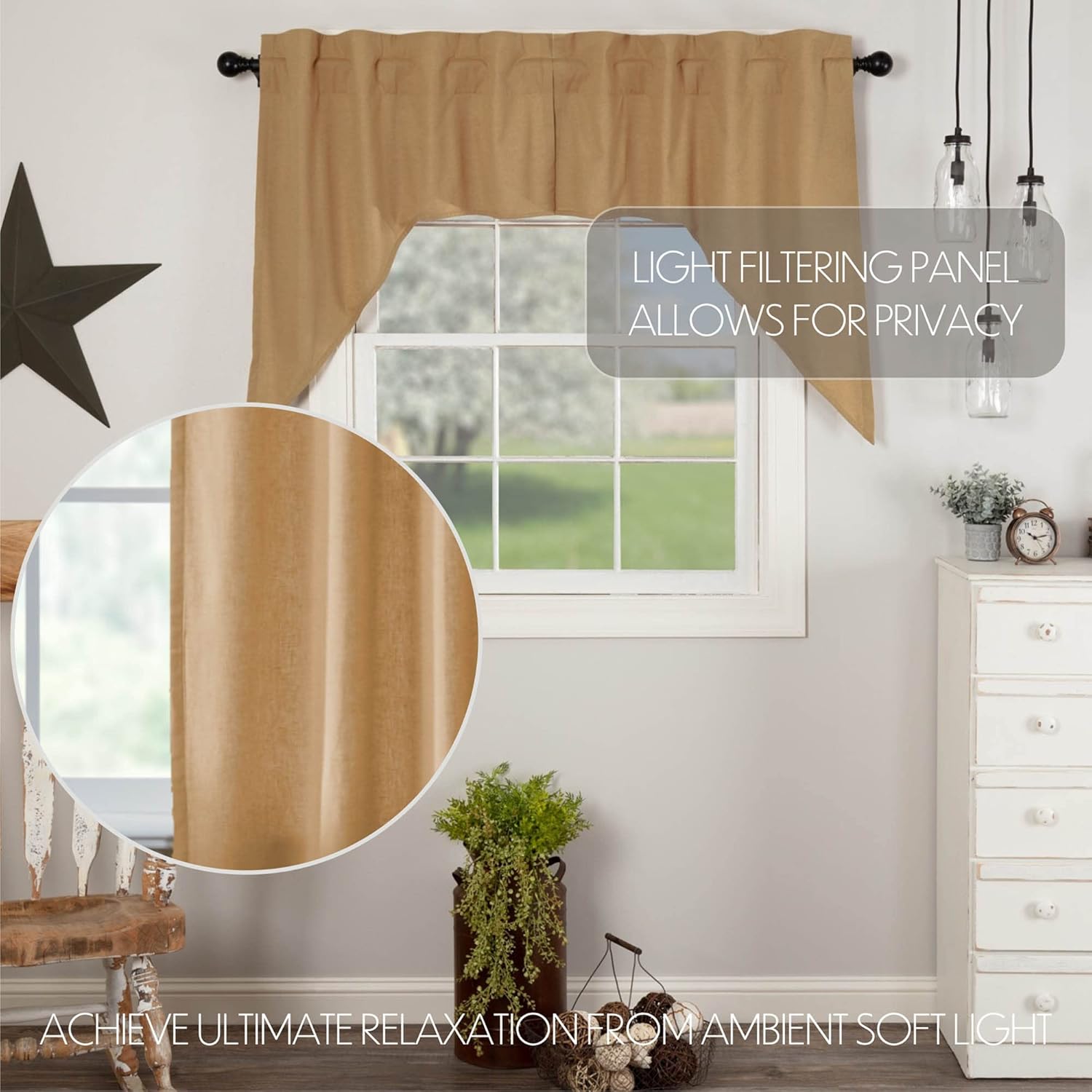 VHC Brands Flax Khaki Farmhouse Curtain Swag Set of 2 36x36x16