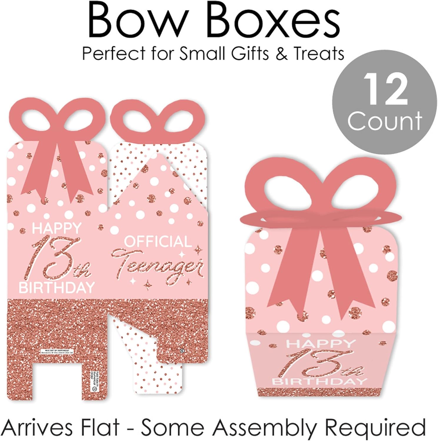 13th Pink Rose Gold Birthday Bow Box Set of 12
