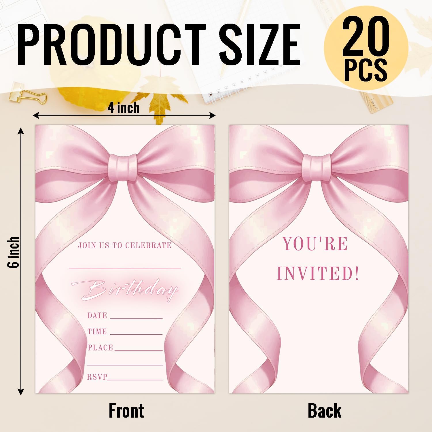20 Pack Pink Bow Birthday Invitations with Envelopes