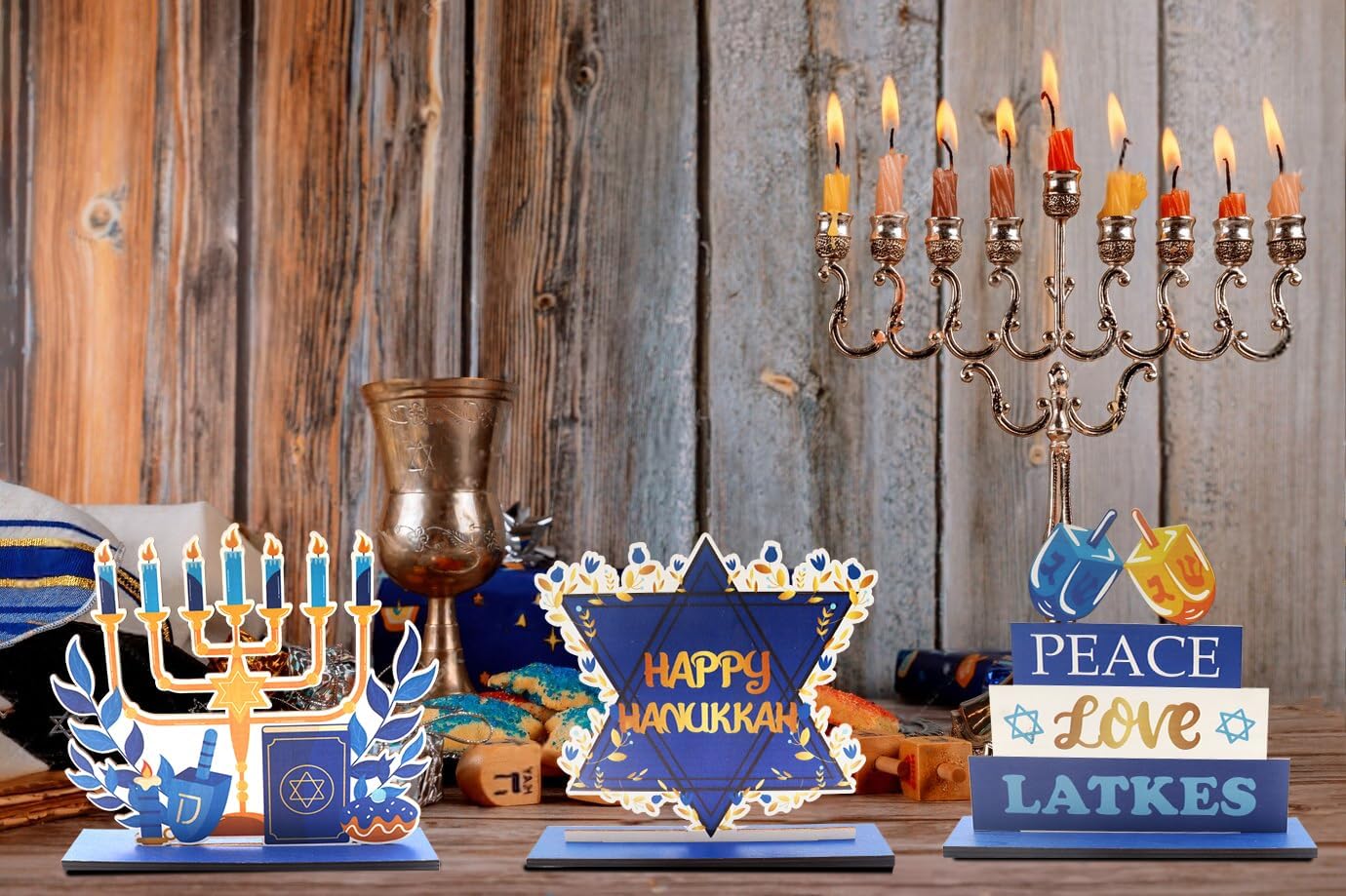 3 PCS Happy Hanukkah Table Centerpieces with Menorah and Star of David