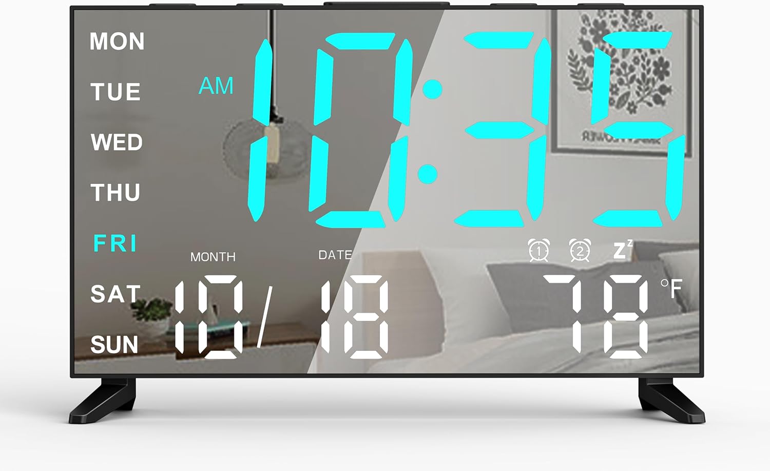 Mirror Digital Alarm Clock with Temperature and Dual Alarms BlackIce Blue Digit