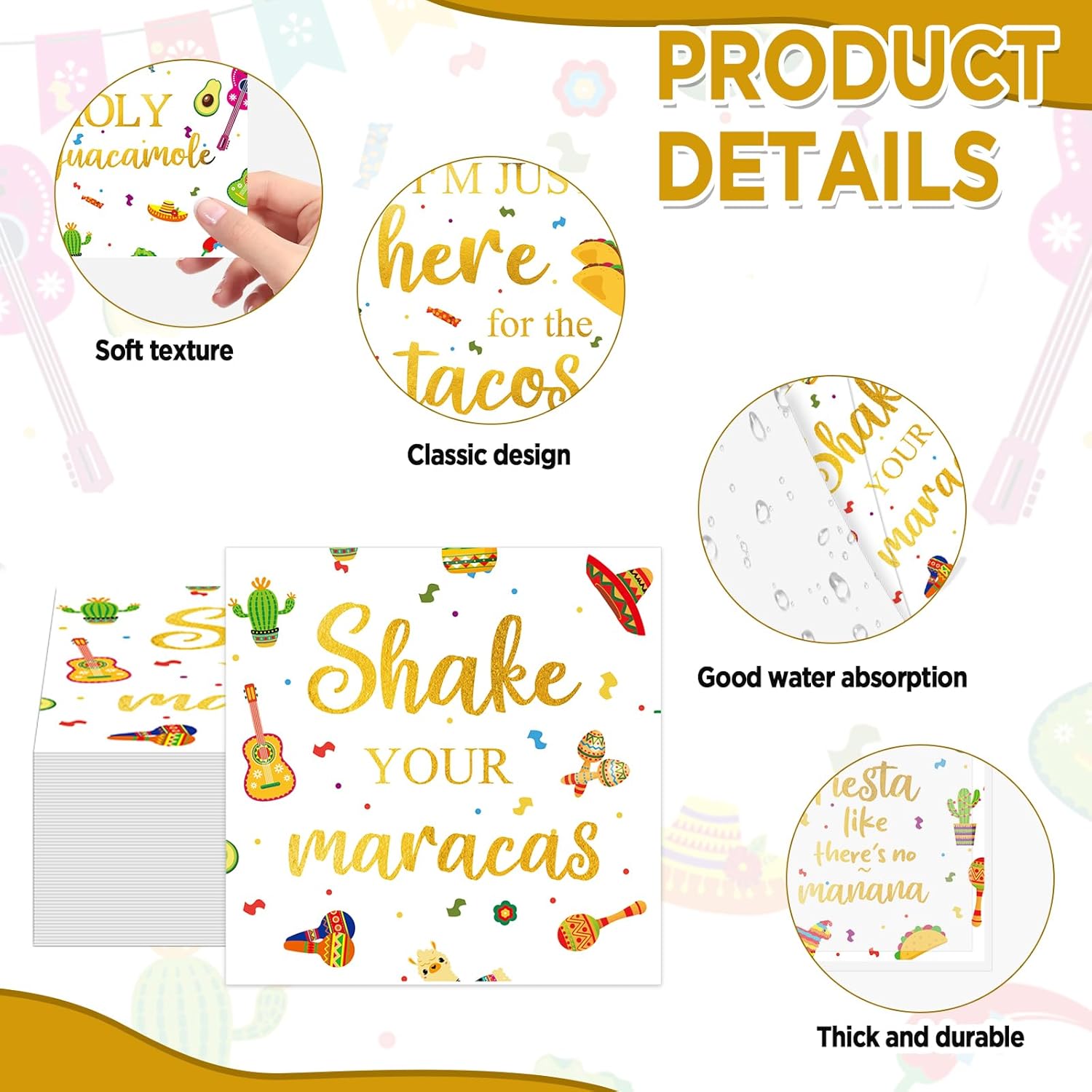 60Pcs Mexican Fiesta Party Napkins with Taco Design