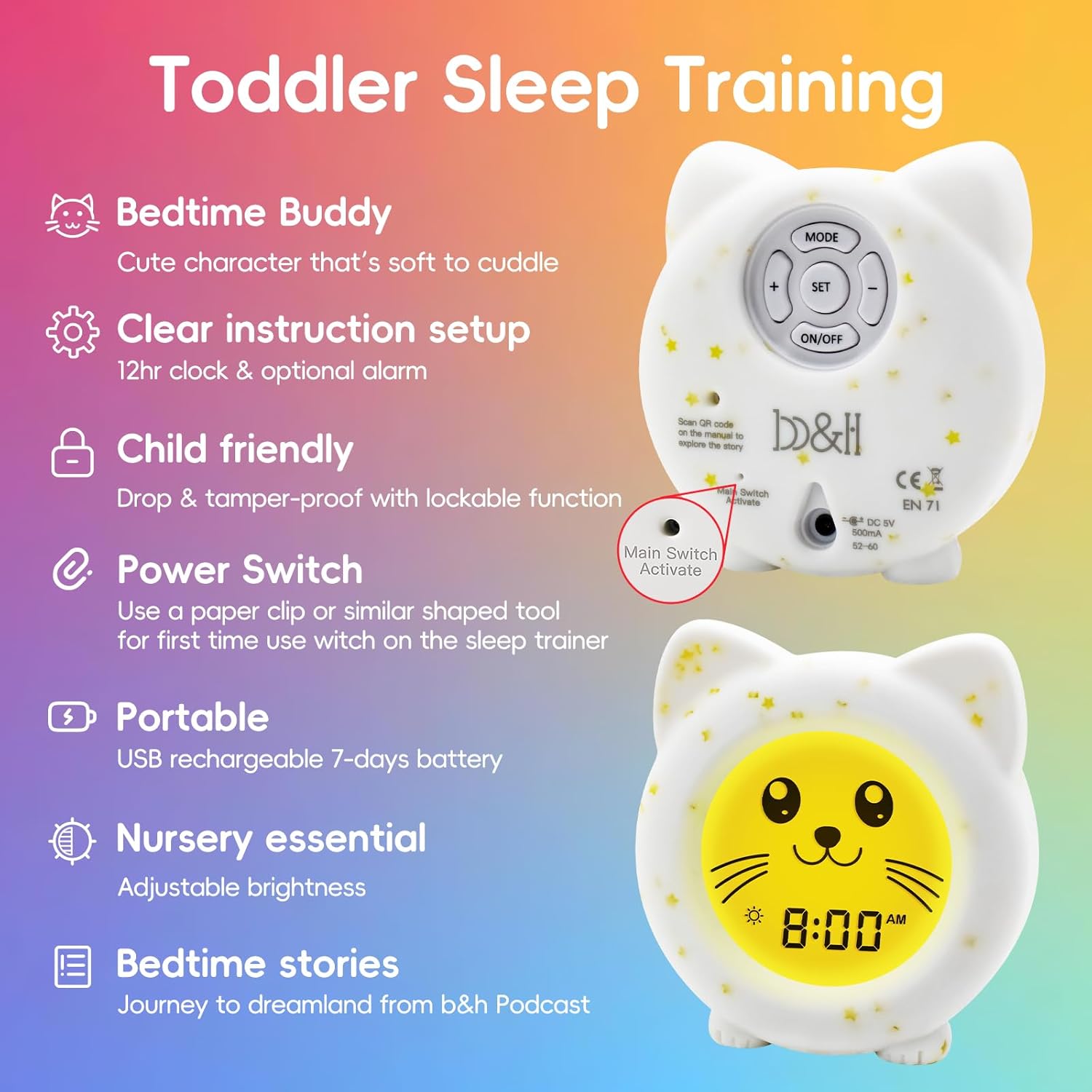 BH Sleep Trainer Clock for Toddler Cute Kids Alarm Clock