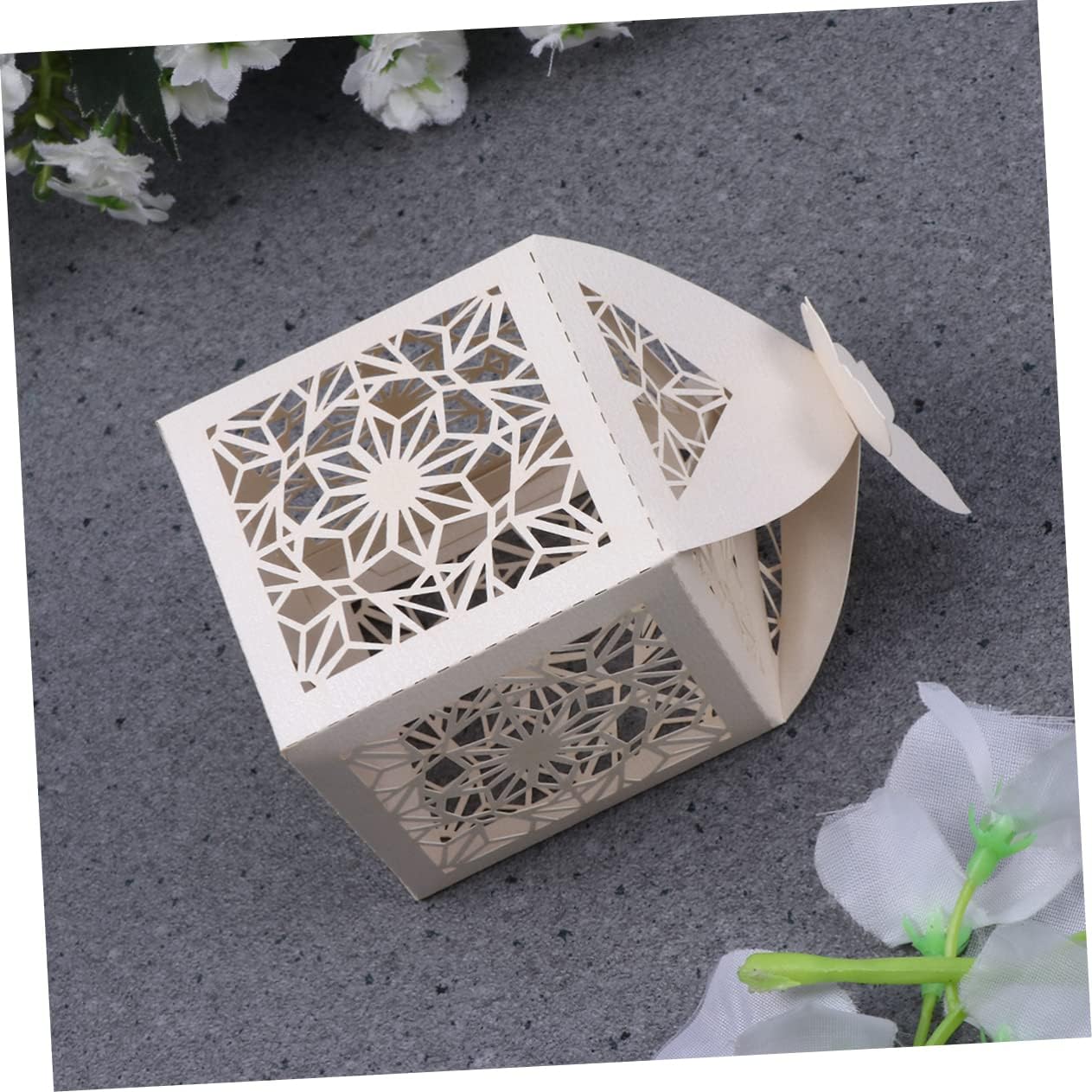 COOLHIYA 50pcs Hollow Craft Paper Wedding Favor Boxes Beige