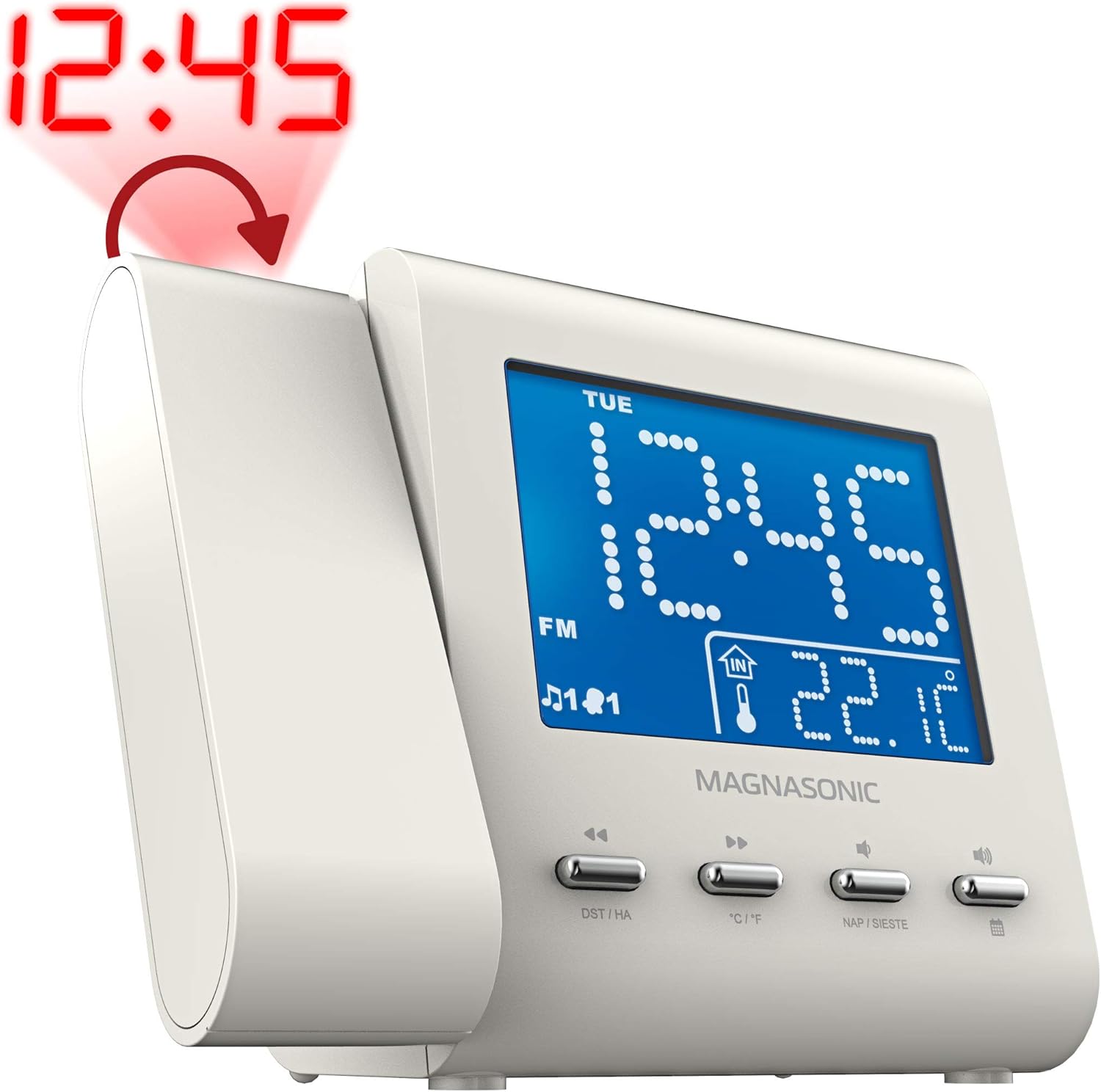 Magnasonic Projection Alarm Clock with AMFM Radio and Dual Alarm - White