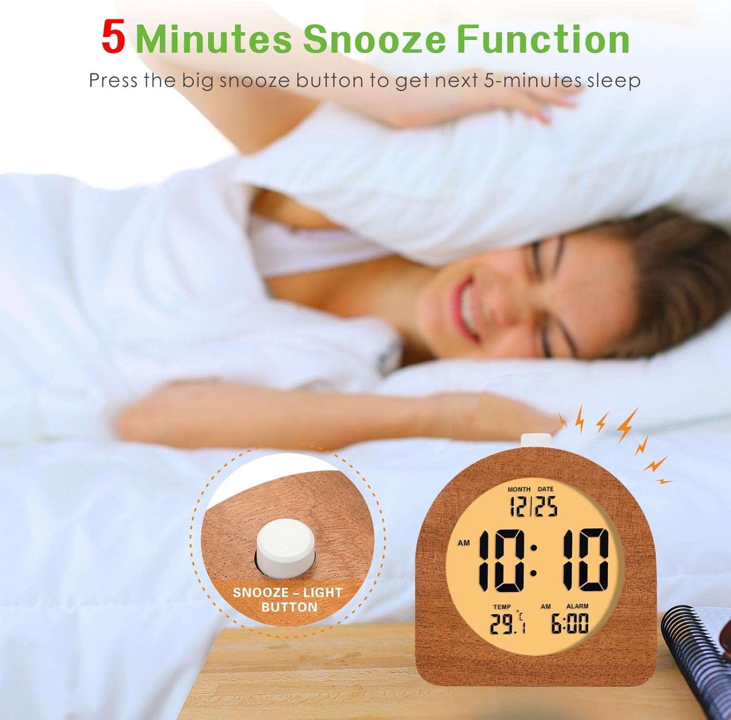 Plumeet Wooden Digital Alarm Clock with Snooze and Nightlight