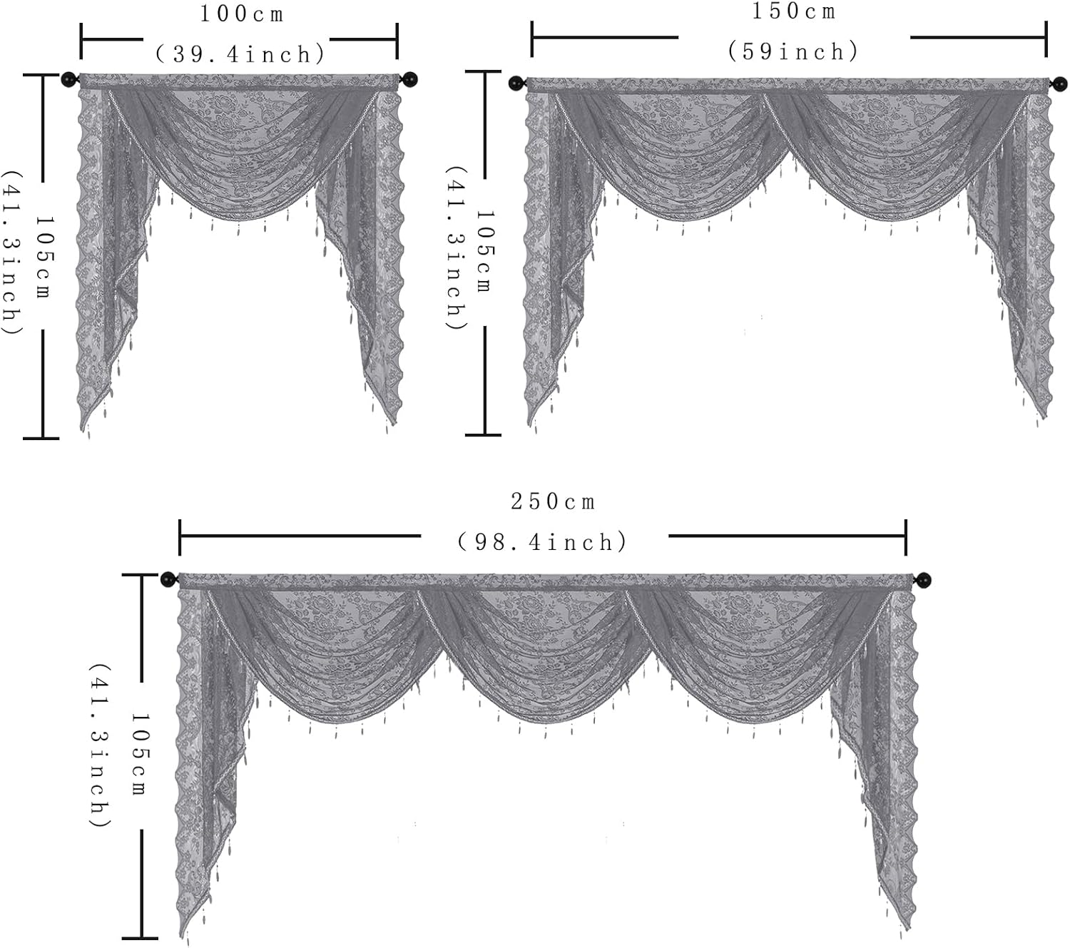 Elegant Grey Lace Valance with Bead Tassels 39x41