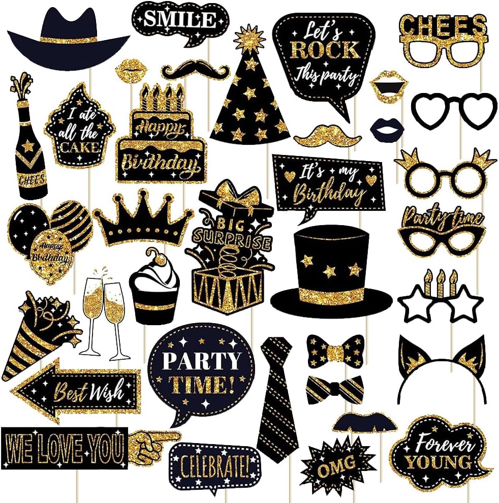 36 Piece Black Gold Birthday Photo Booth Props Set