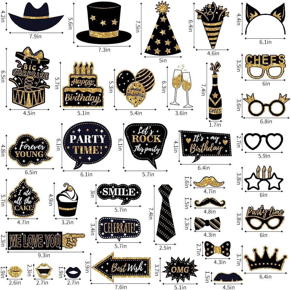 36 Piece Black Gold Birthday Photo Booth Props Set