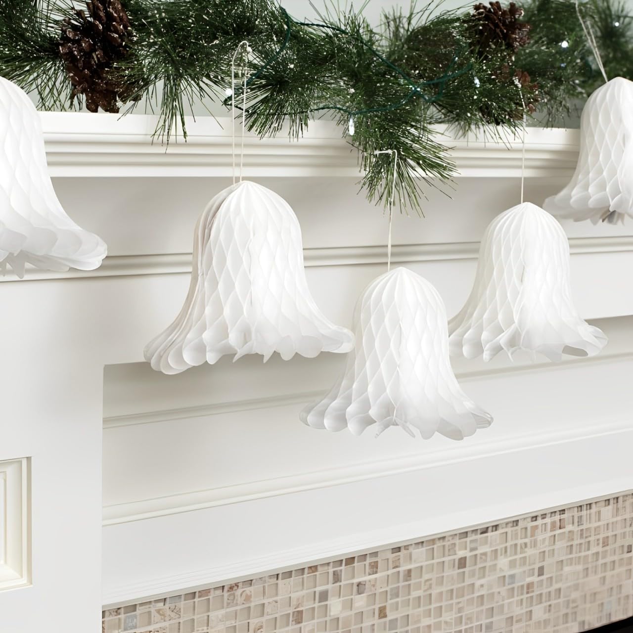 Elegant White Paper Honeycomb Bells - 5 Inch Pack of 4