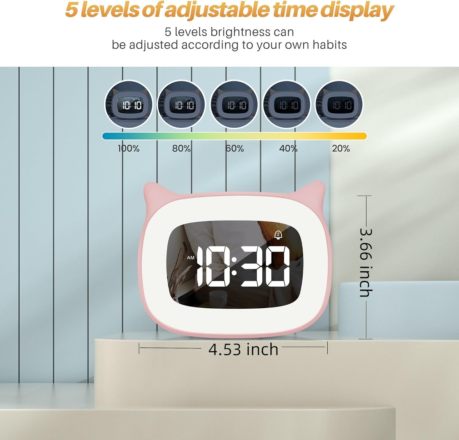 Cute Cat Ear Alarm Clock with Night Light and 18 Ringtones