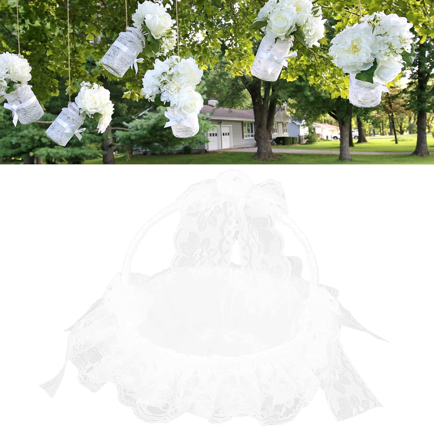 Wedding Flower Basket with White Lace and Rhinestone Bowknots