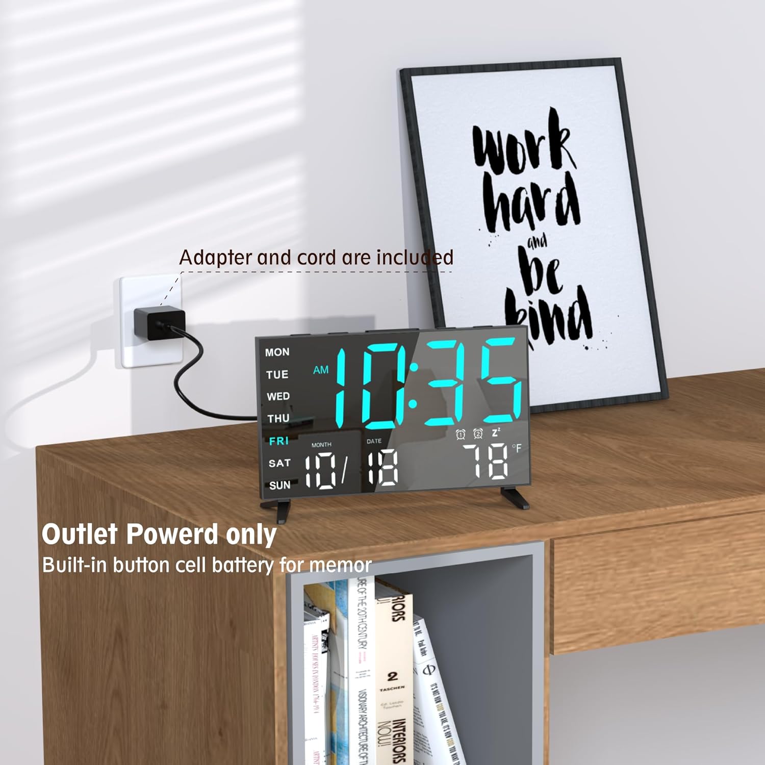 Mirror Digital Alarm Clock with Temperature and Dual Alarms BlackIce Blue Digit