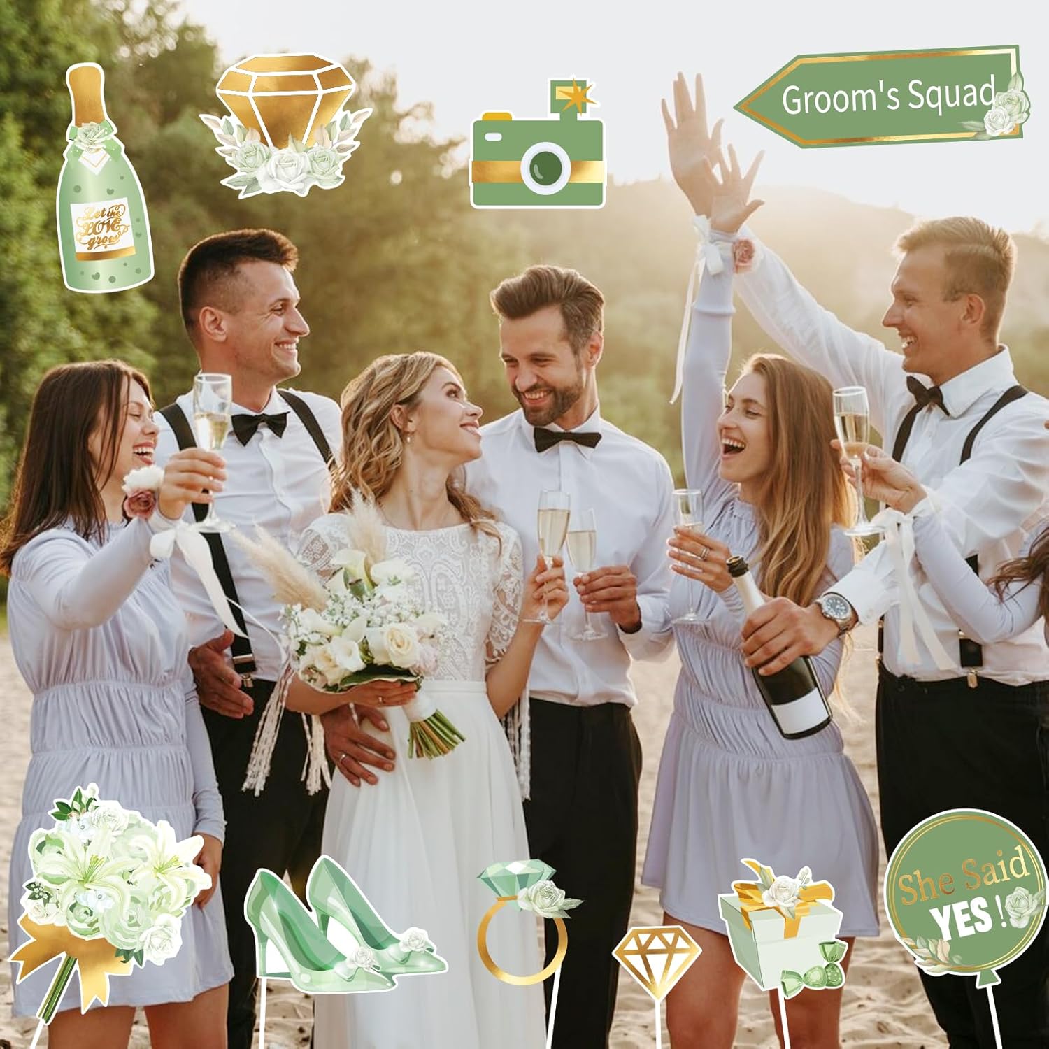SUNBEAUTY 38 PCS Sage Green Photo Booth Props for Wedding