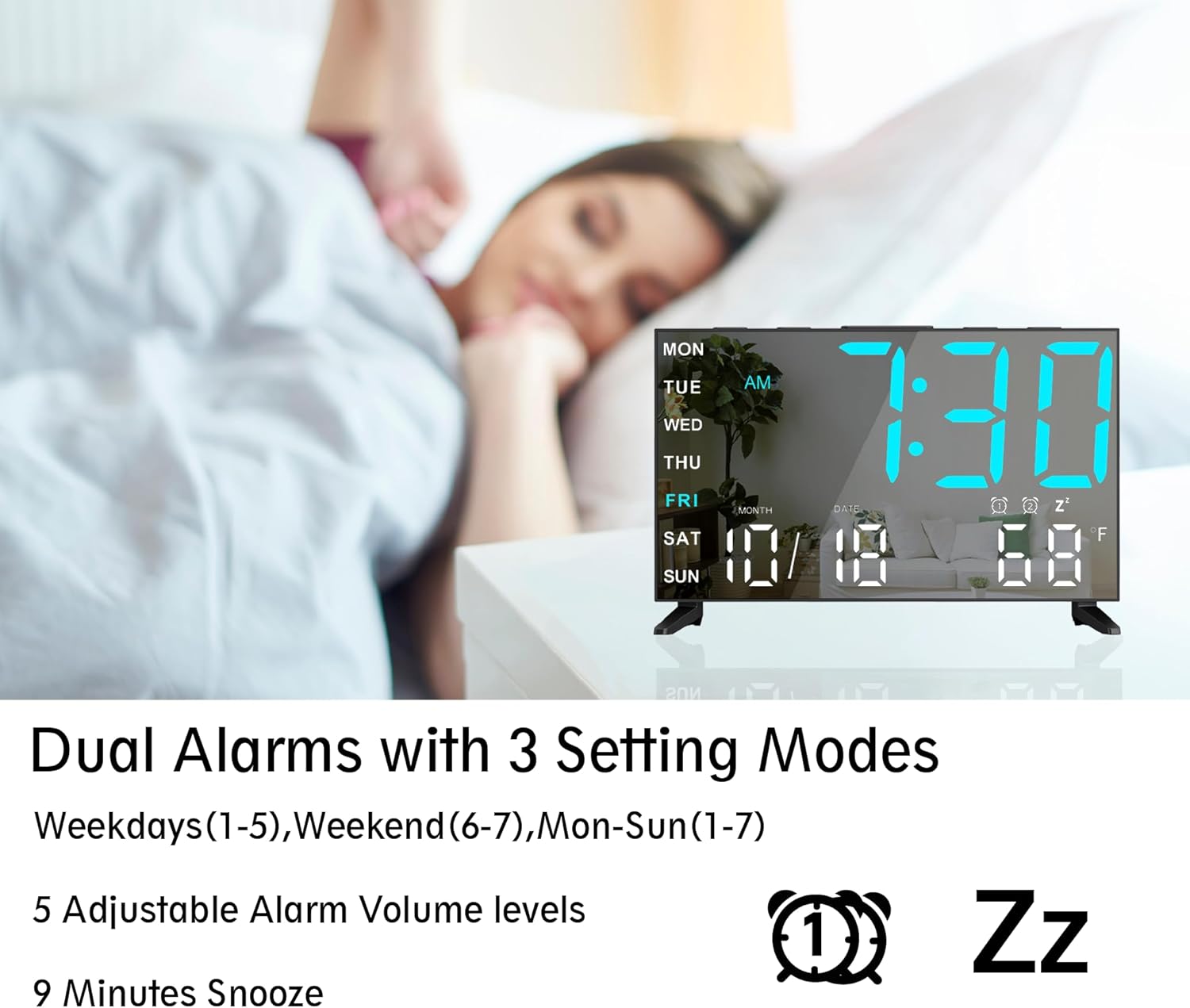Mirror Digital Alarm Clock with Temperature and Dual Alarms BlackIce Blue Digit