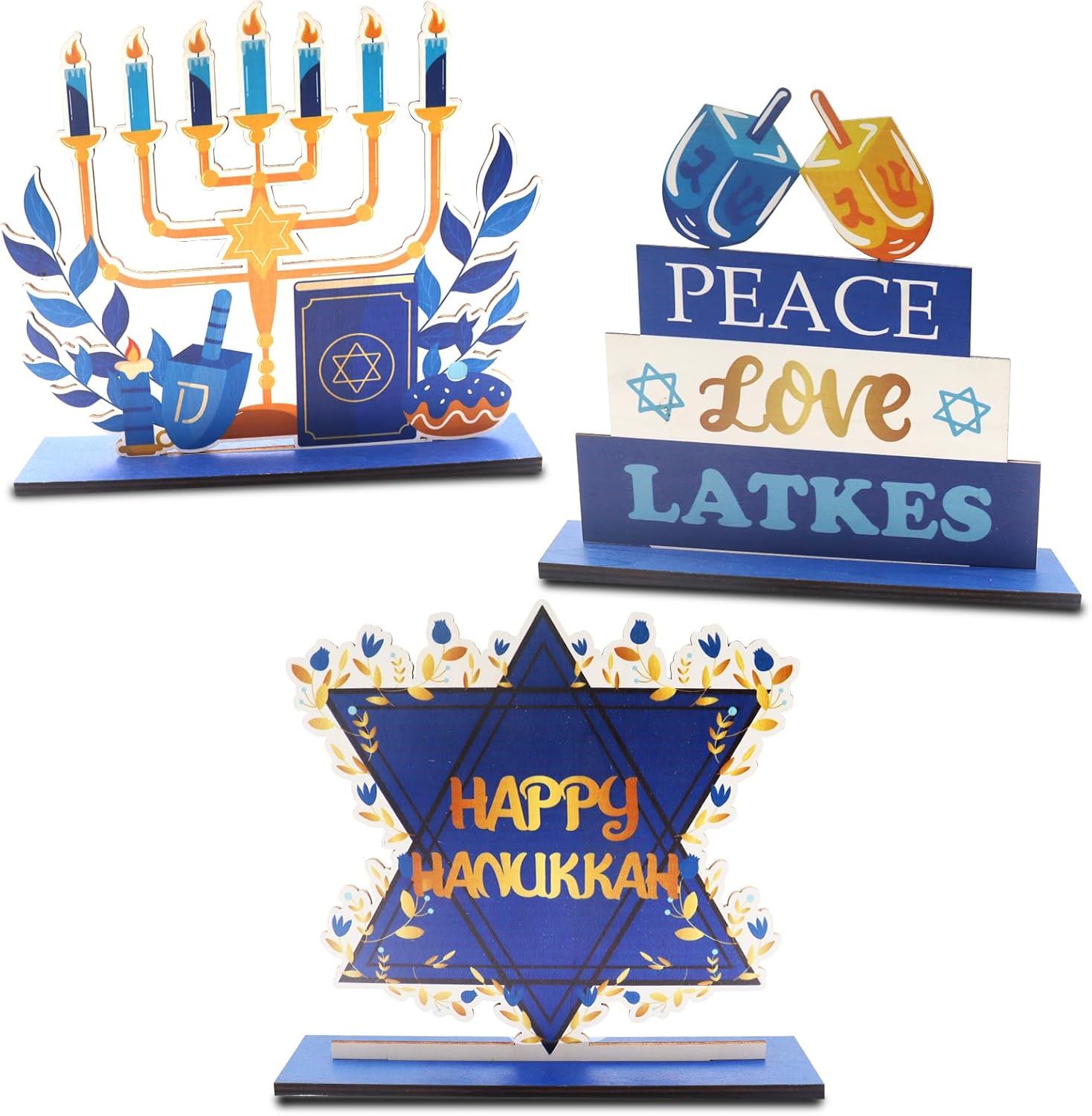 3 PCS Happy Hanukkah Table Centerpieces with Menorah and Star of David