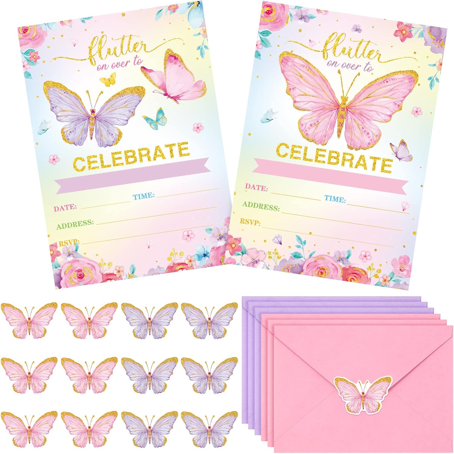 Sepamoon 24 Pack Butterfly Birthday Invitations with Envelopes and Stickers Pink