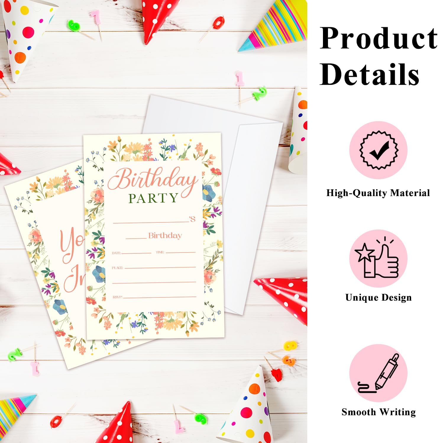 Wildflower Birthday Invitation Cards with Envelopes - 20 Pack