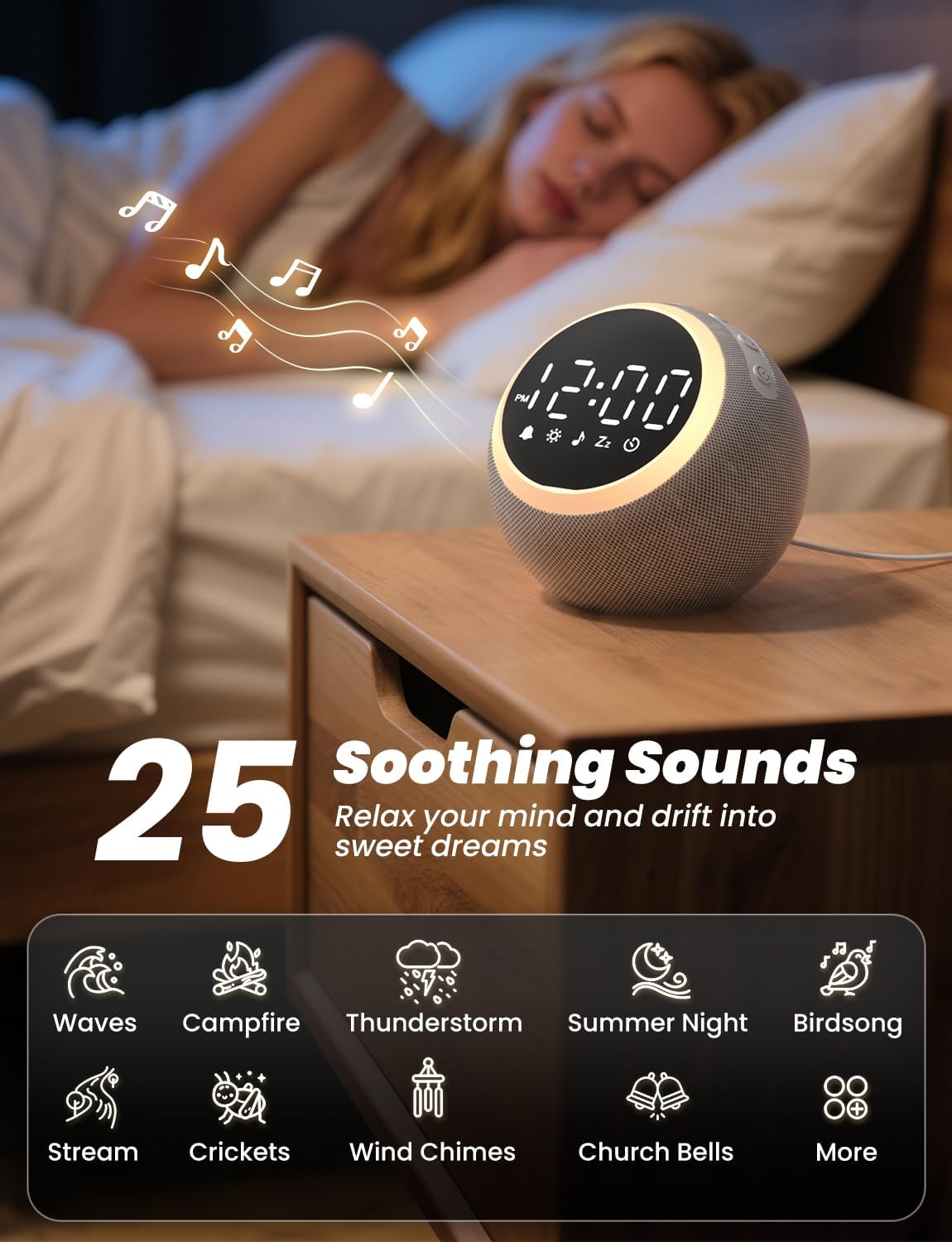 LIORQUE Alarm Clock with White Noise and Night Light