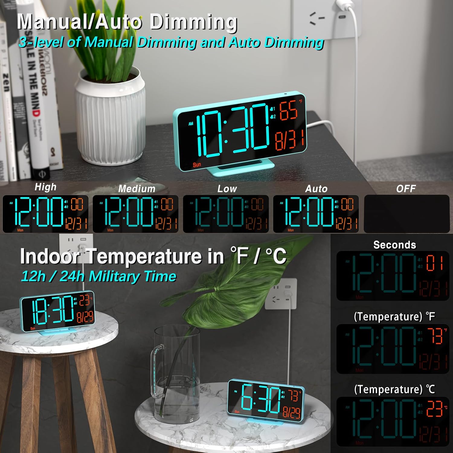 Kosumosu 67in Digital Alarm Clock with Auto Dimming
