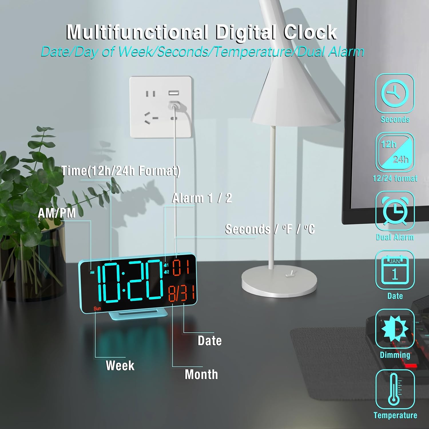 Kosumosu 67in Digital Alarm Clock with Auto Dimming