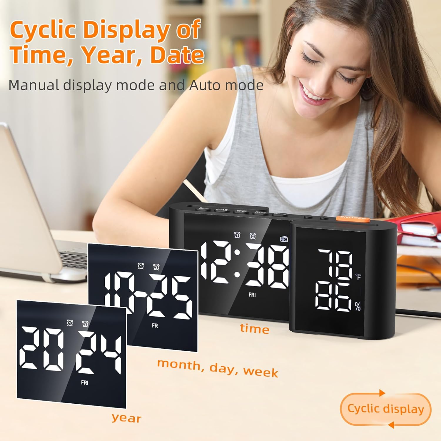 Vauno Dual Display Alarm Clock with FM Radio and Dimmer