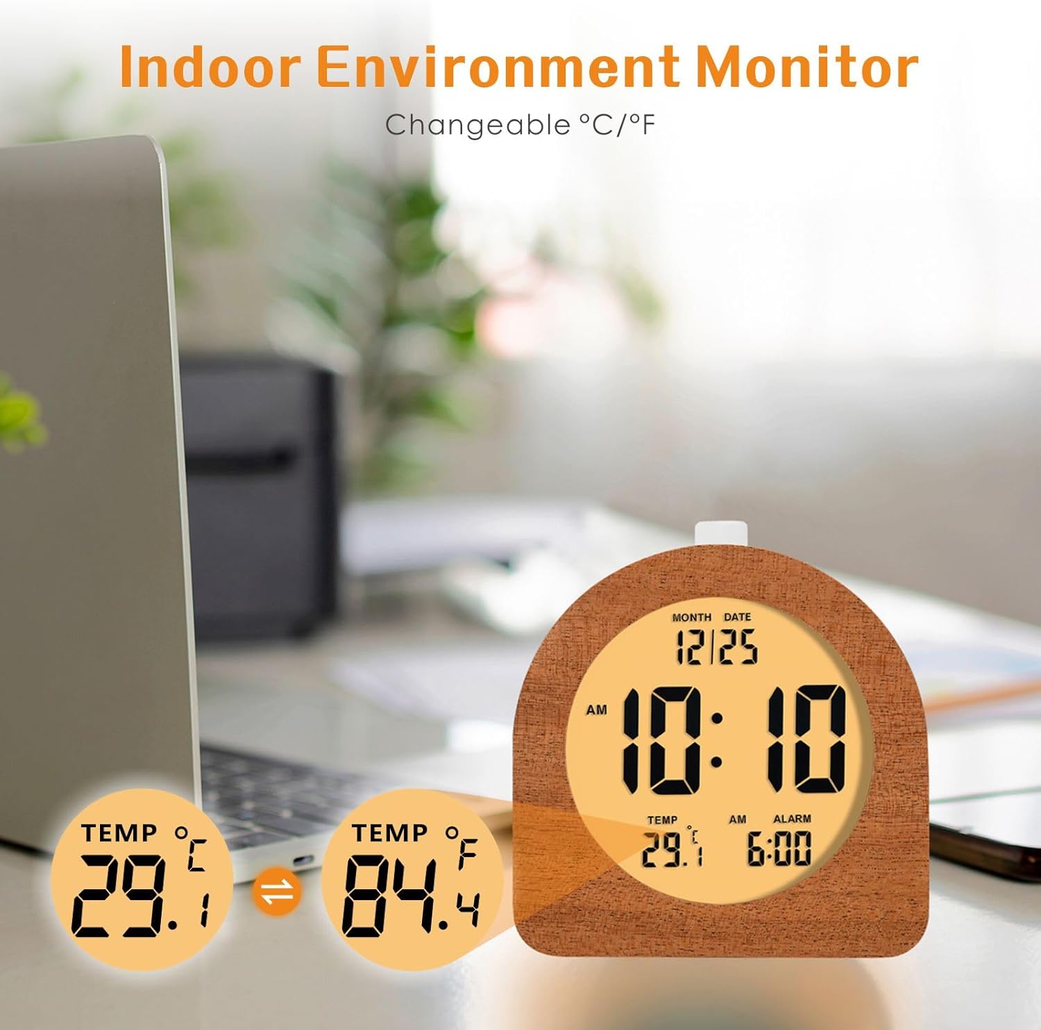 Plumeet Wooden Digital Alarm Clock with Snooze and Nightlight