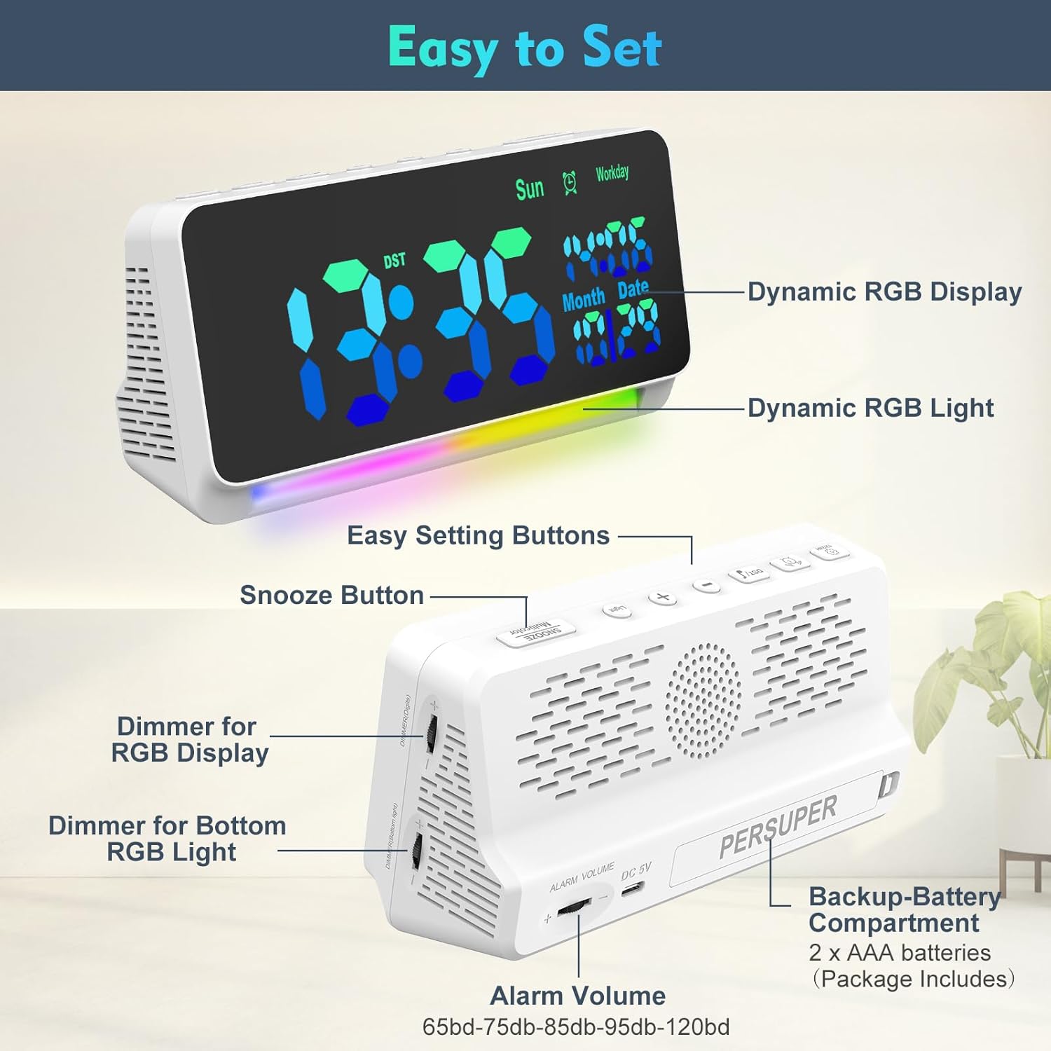 PERSUPER 120db Super Loud Alarm Clock with Bluetooth and RGB Night Light