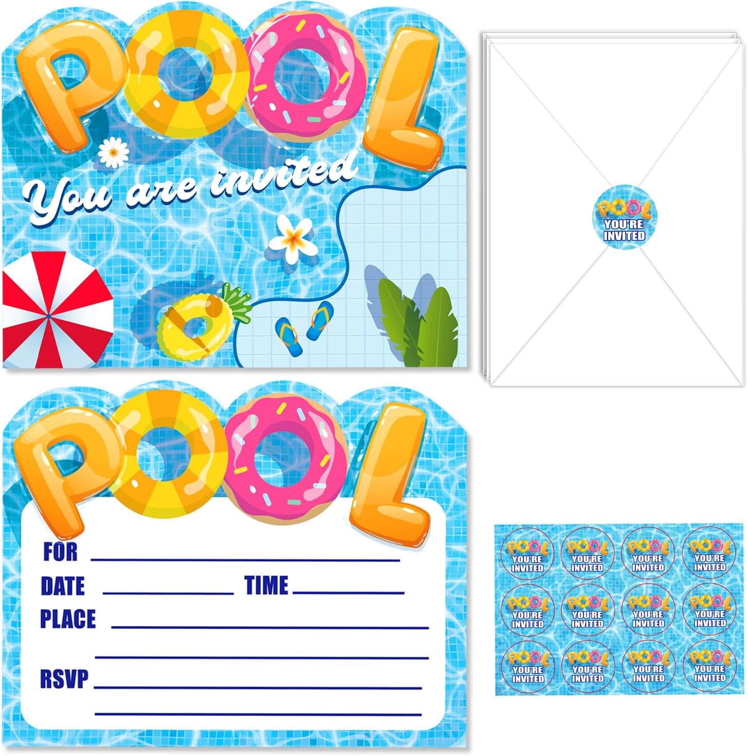24 Pack Pool Party Invitations with Envelopes and Stickers