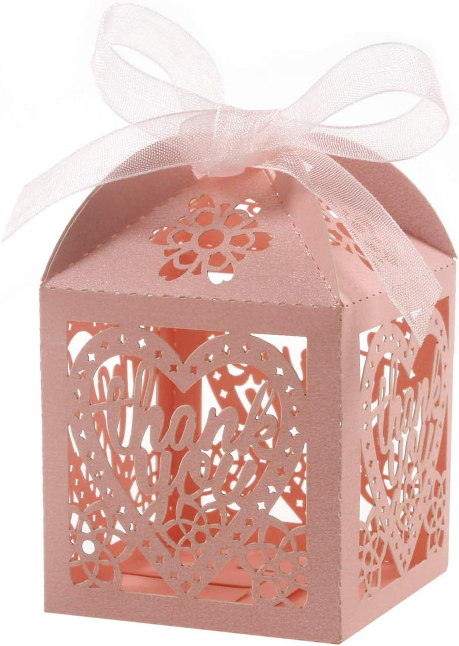 COTOPHER 60pcs Laser Cut Pink Thank You Boxes with Ribbons