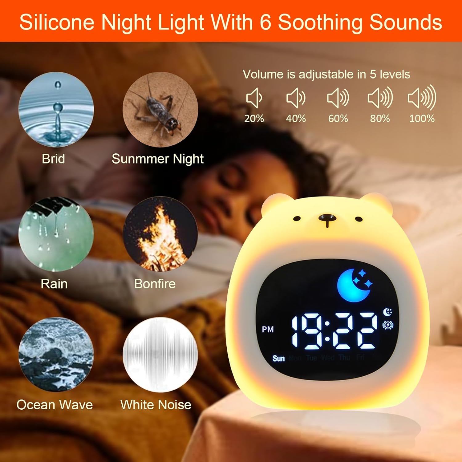 Kids Sleep Training Clock with White Noise and Night Light Bear