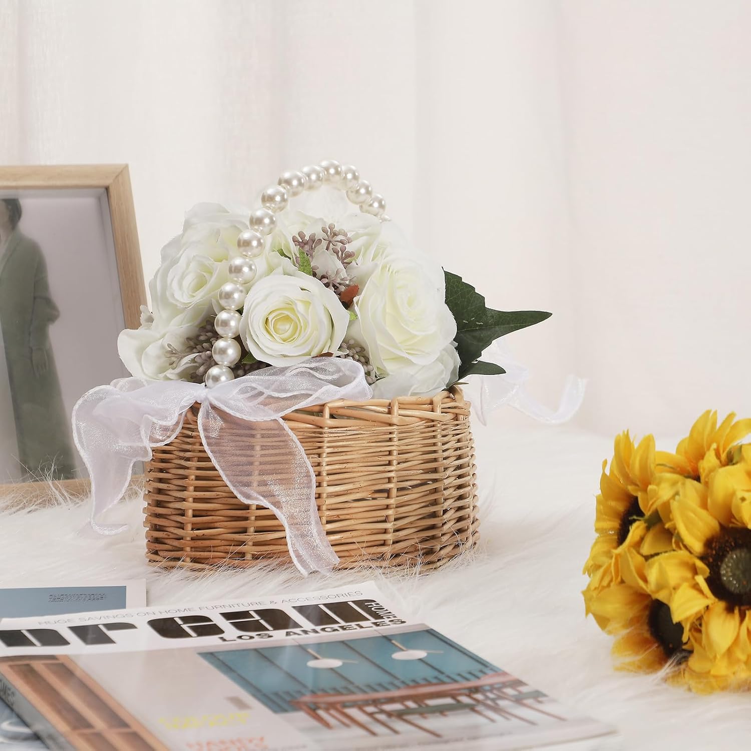 Rattan Wicker Flower Basket with Pearl Handle and Bows - Brown