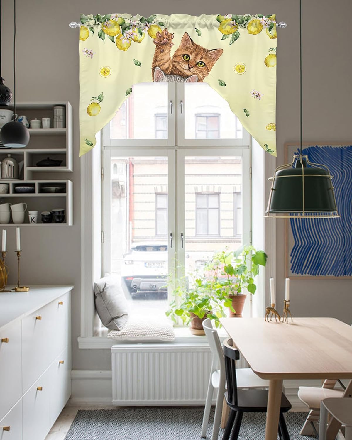 Lemon Flower Cats Valance Curtains for Kitchen Bedroom and Living Room Windows