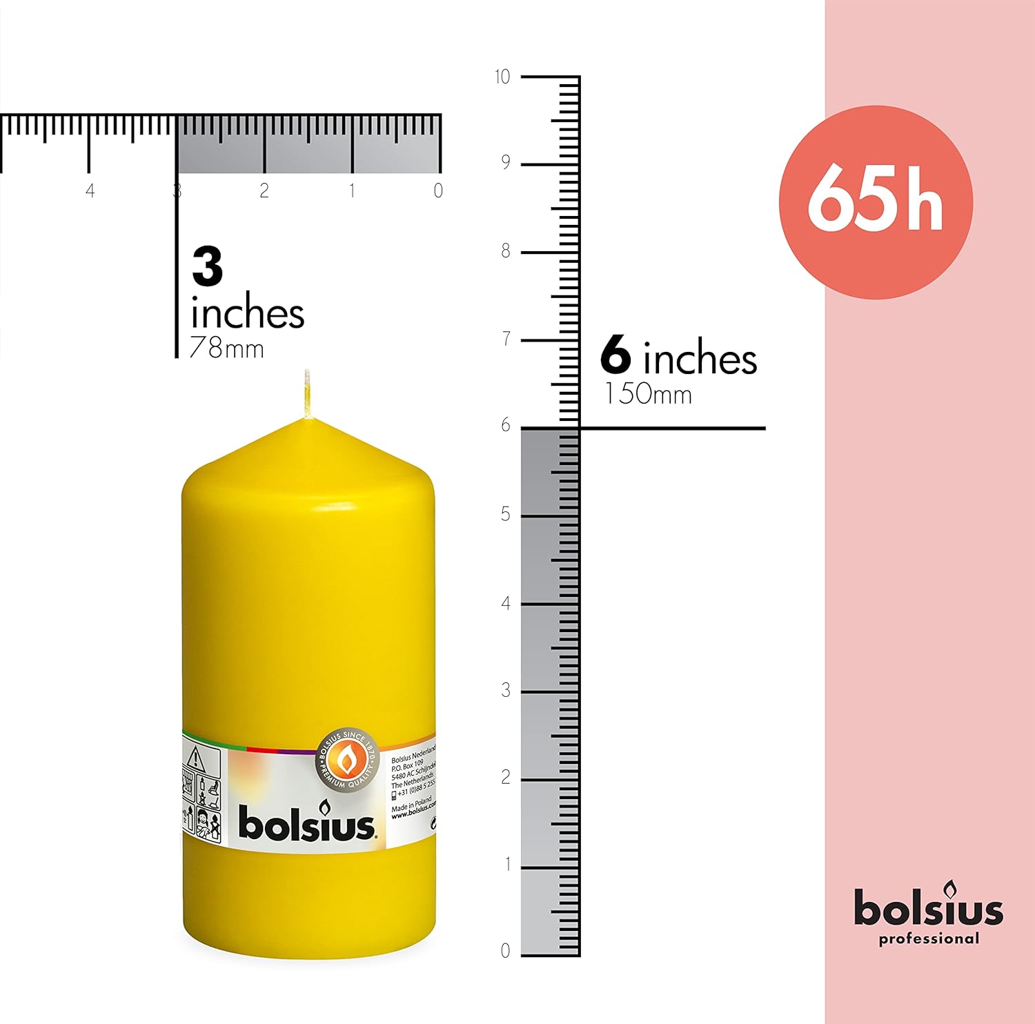 BOLSIUS 4 Yellow Pillar Candles - 3x6 Inches - Unscented