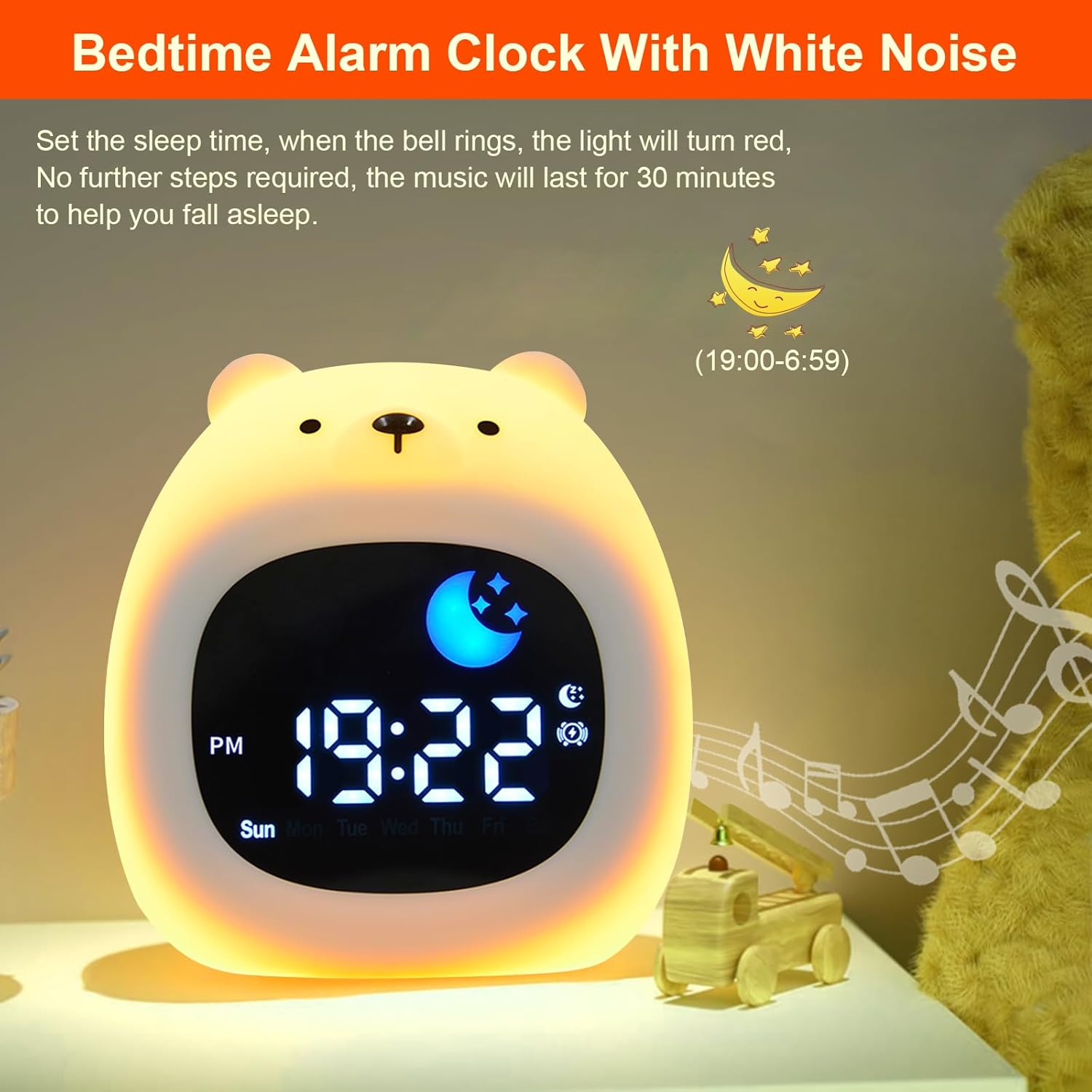 Kids Sleep Training Clock with White Noise and Night Light Bear