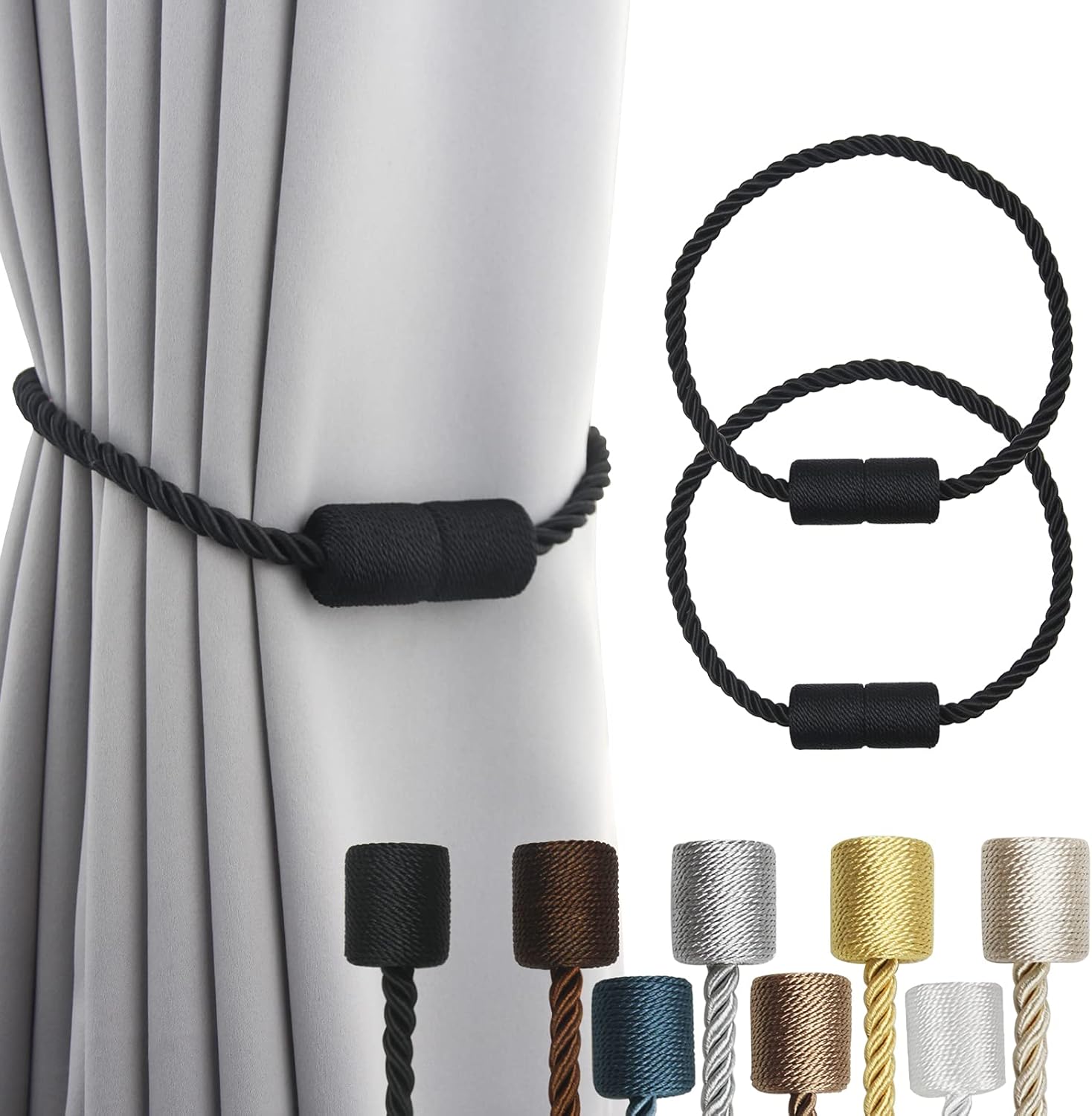 Porlau 2 Pack Black Magnetic Curtain Holdbacks