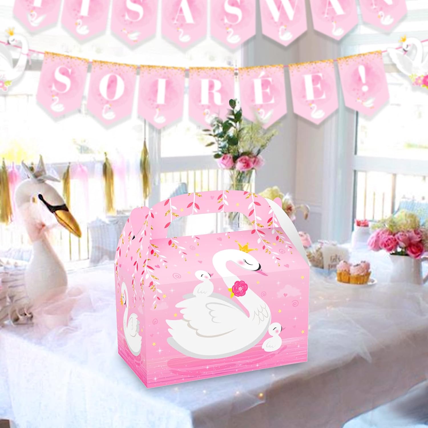 12 Pack Pink Swan Treat Boxes for Birthday Party Favors