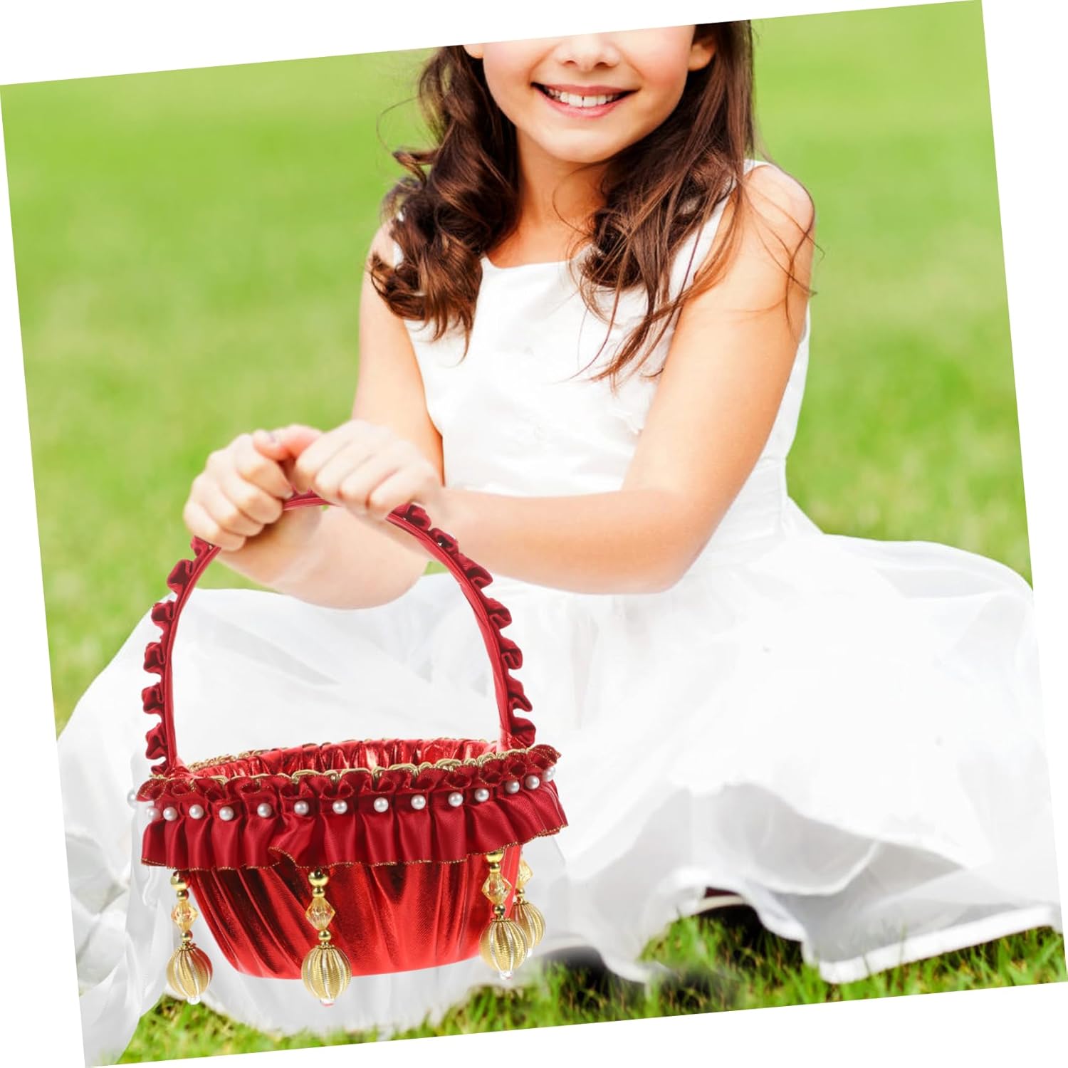 Pearl Flower Girl Basket Wedding Prop Candy Storage Basket