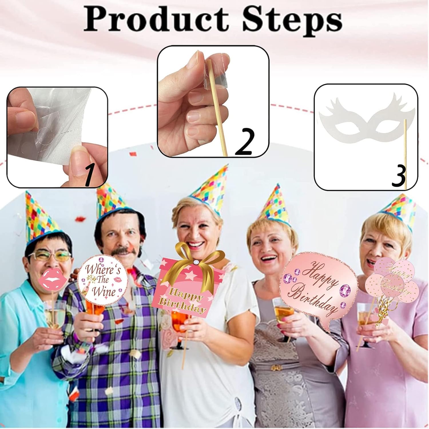33PCS Glitter Rose Gold Photo Booth Props for Birthday
