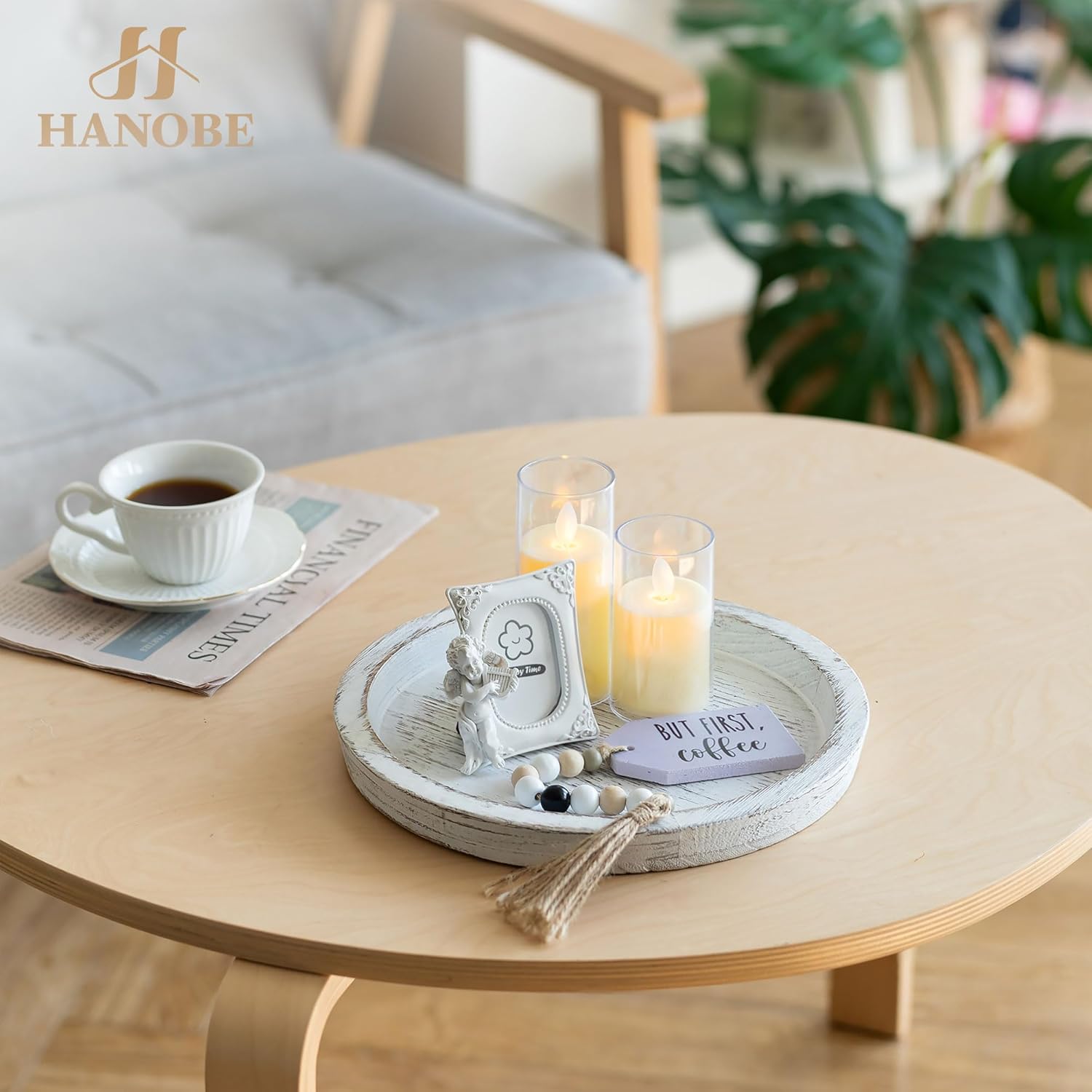 Hanobe Round Wooden Candle Plate Holder Tray