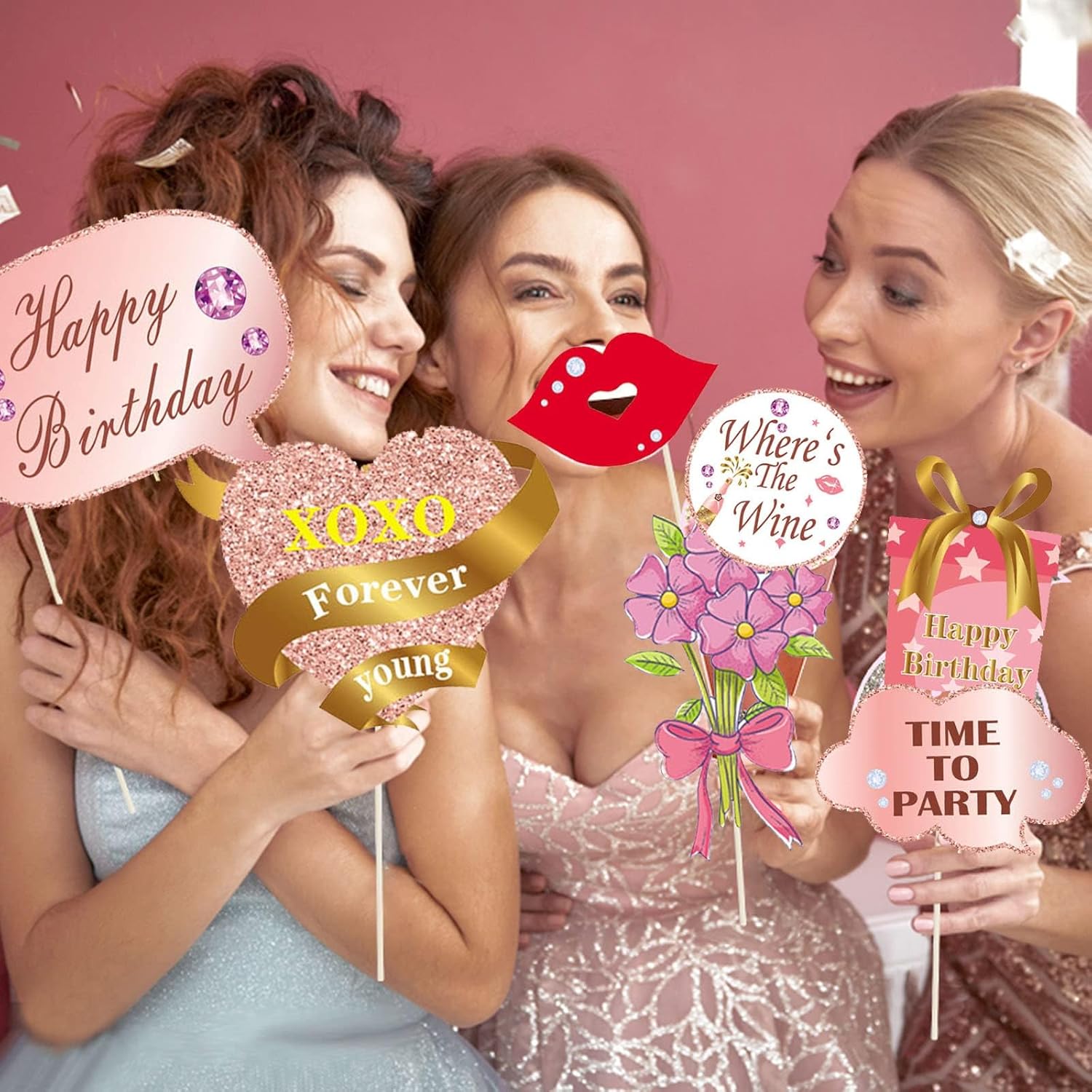 33PCS Glitter Rose Gold Photo Booth Props for Birthday