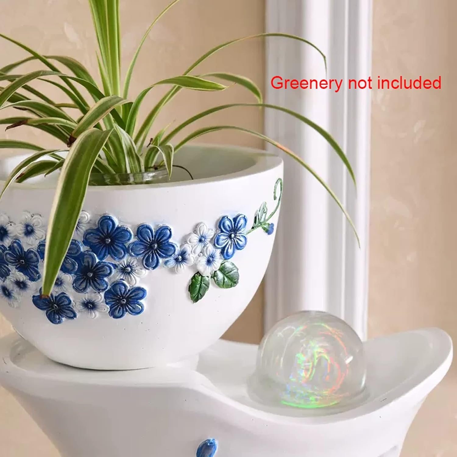 WAOCEO Elegant Tabletop Water Fountain with Blue Flowers and White Background