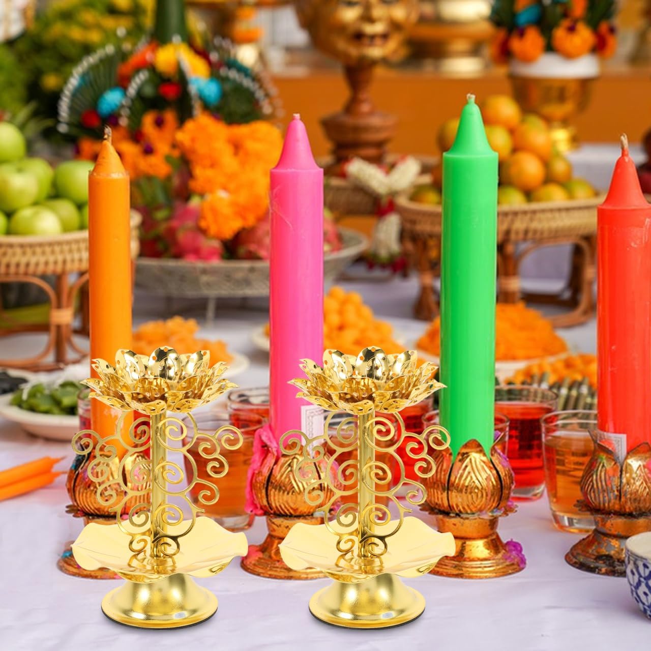 Amosfun 2pcs Golden Lotus Candle Holders for Diwali and Religious Use