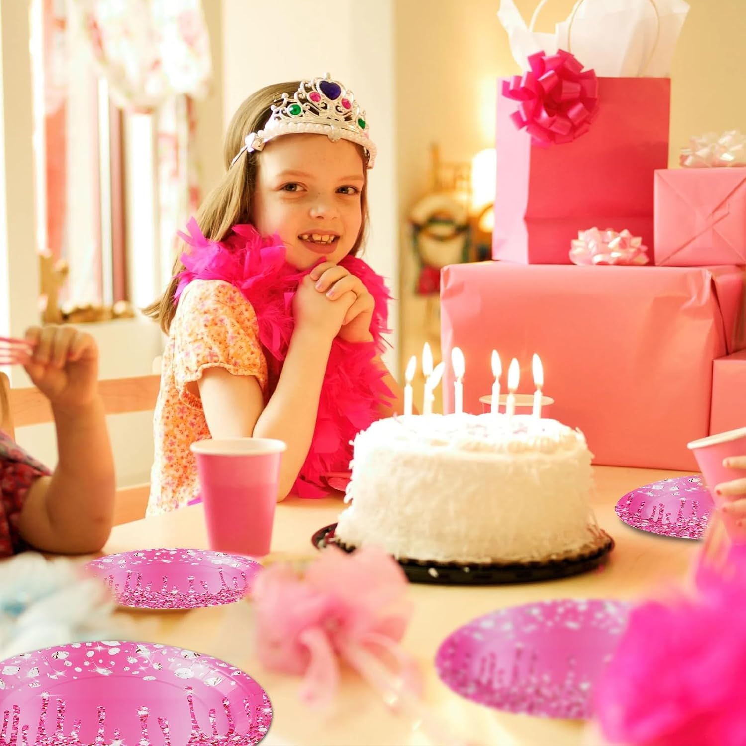 Grencian 96Pcs Hot Pink Silver Plates Tableware Set for Birthday Parties