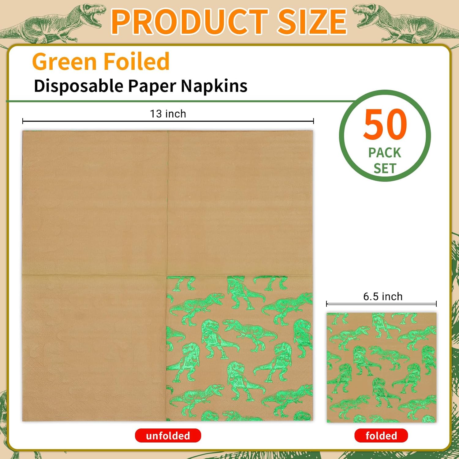 DYLIVeS Dinosaur Napkins 65 Inch Pack of 50 Green Foiled