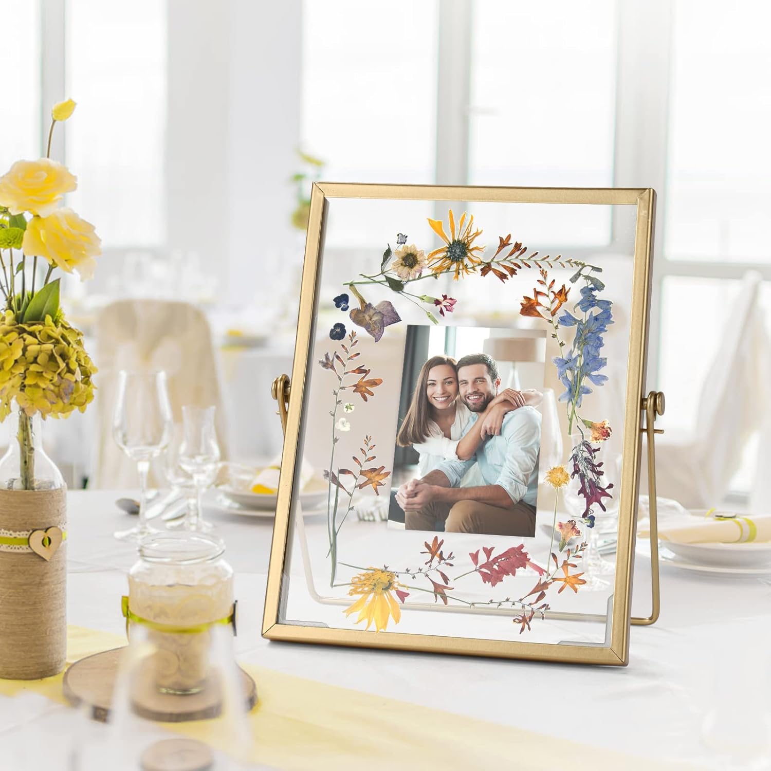 Gold Floating Frame Set with 68 Dried Flowers and Tweezer