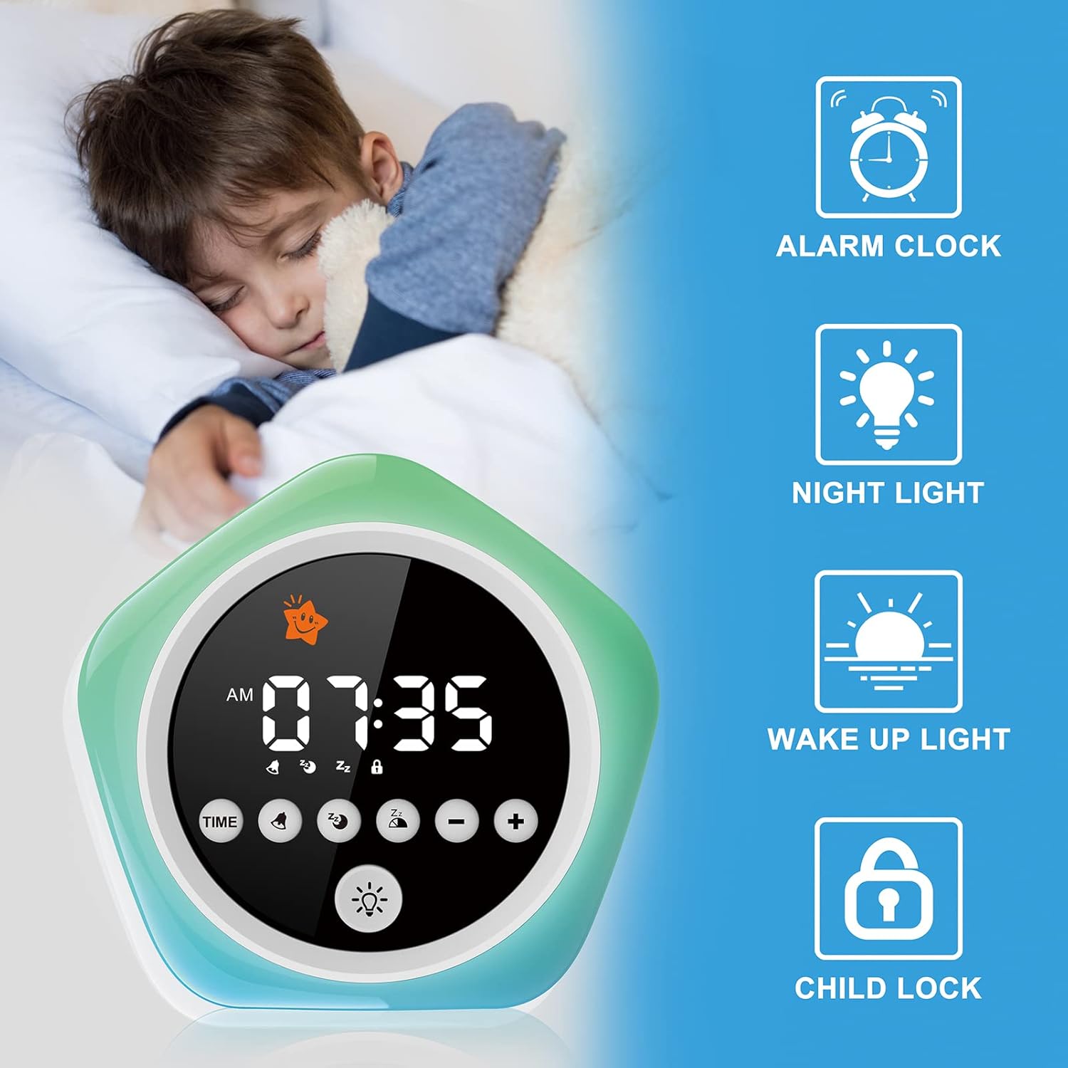 Kids Alarm Clock with Red Green Light and Star Design